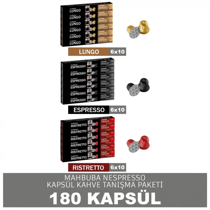 180'li %100 Arabica Kapsül Kahve Ristretto Espresso Lungo 6'şar Kutu (Nespresso Uyumlu Alüminyum)